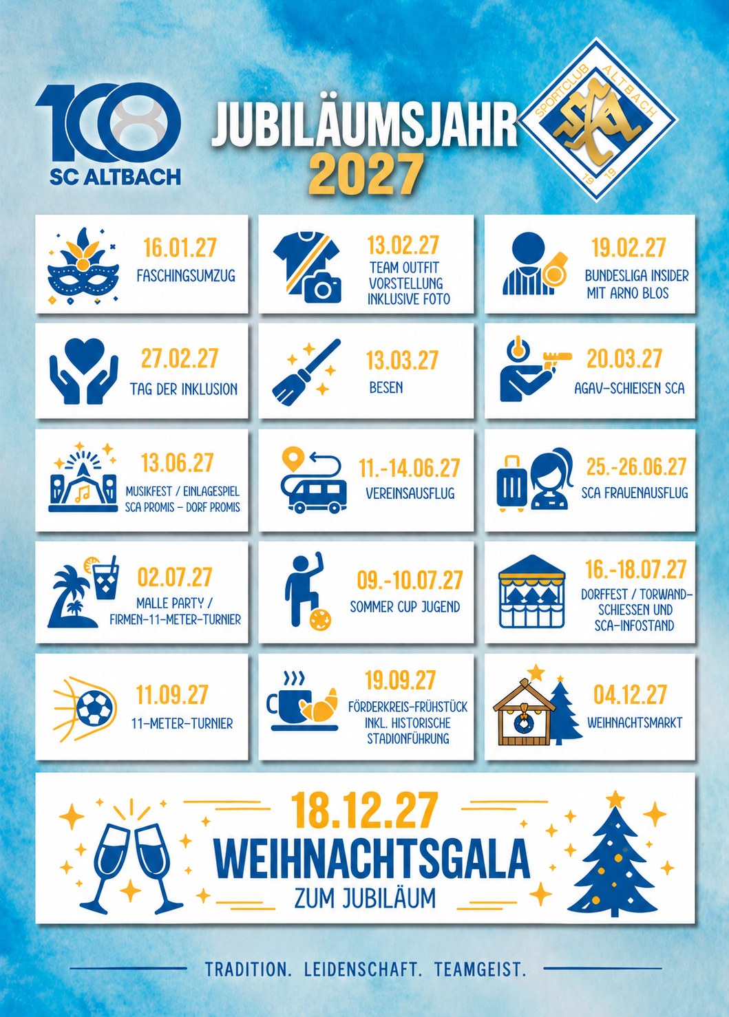 Plakat zum Jubiläumsjahr 2027 des SC Altbach mit allen 16 Terminen – die Termine stehen darunter auch als Text.